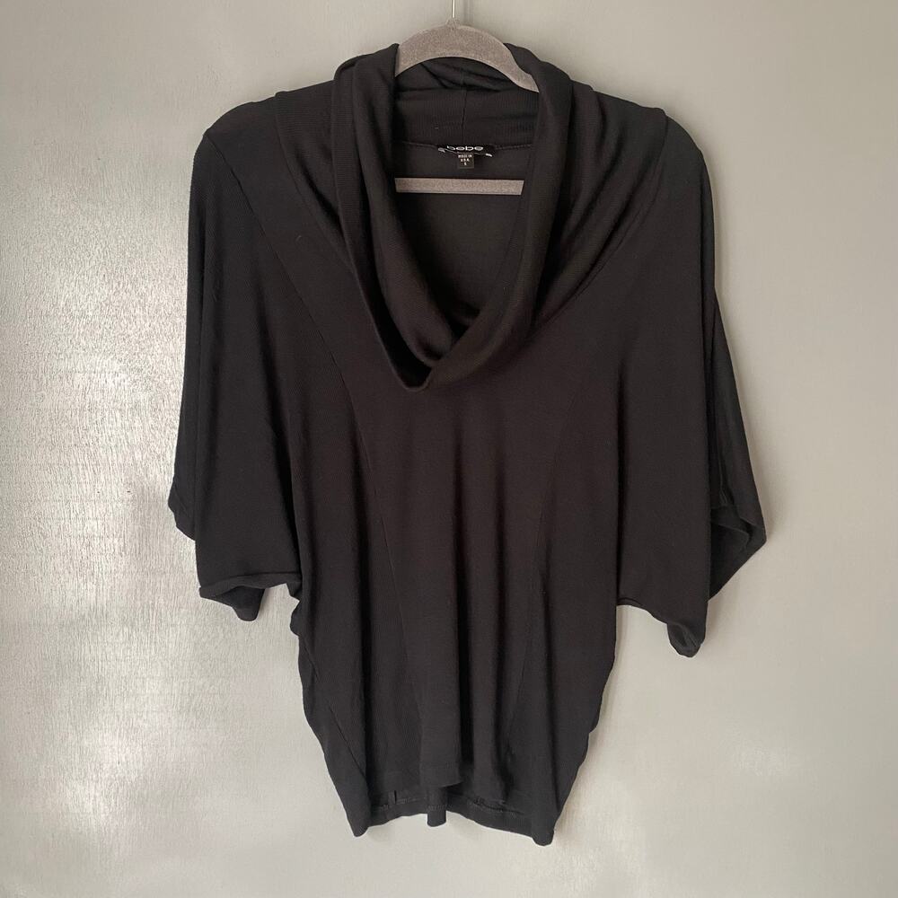 BEBE Women's Small Black Knit Cowl Neck Short Sleeve 90's Y2K Relaxed Classic